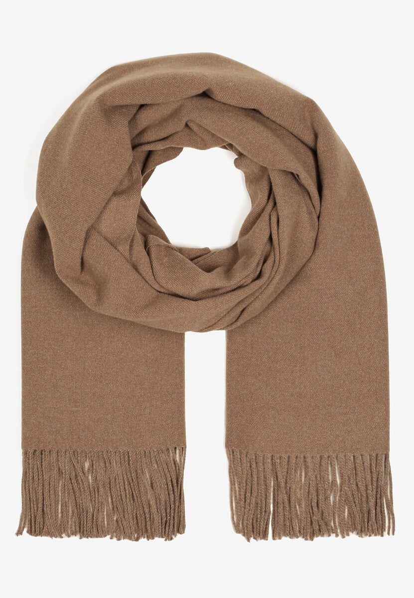 Ciemnobeżowy Długi Szalik Wiskozowy z Wełną Ozdobiony Frędzlami Portina