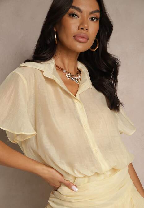 Żółta Sukienka o Koszulowym Kroju z Krótkim Rękawem Zdobiona Falbankami Mirenora