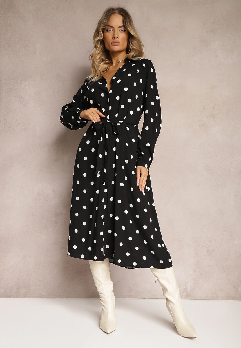 Czarna Wiskozowa Sukienka o Koszulowym Fasonie w Kropki z Paskiem i Kieszeniami Liliea