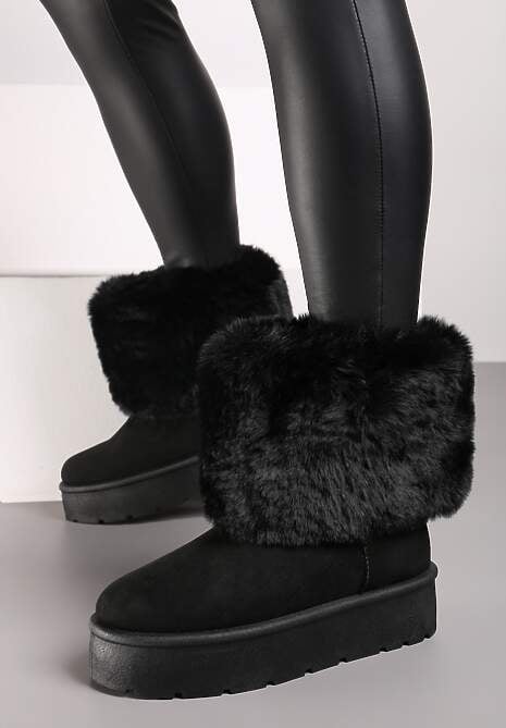 Czarne Śniegowce na Grubej Podeszwie Ozdobione Futerkiem Naolani
