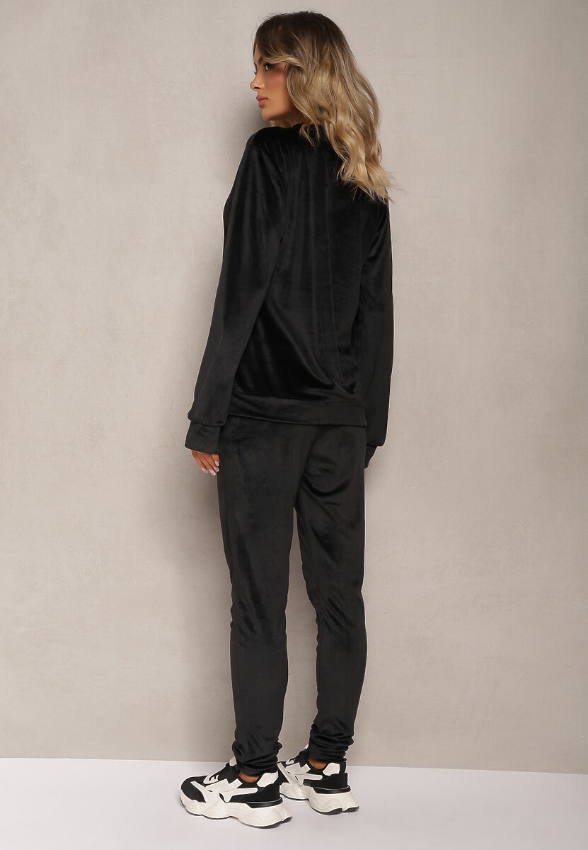 Czarny Komplet Dresowy z Bawełną Bluzka i Spodnie z Troczkami Evildra