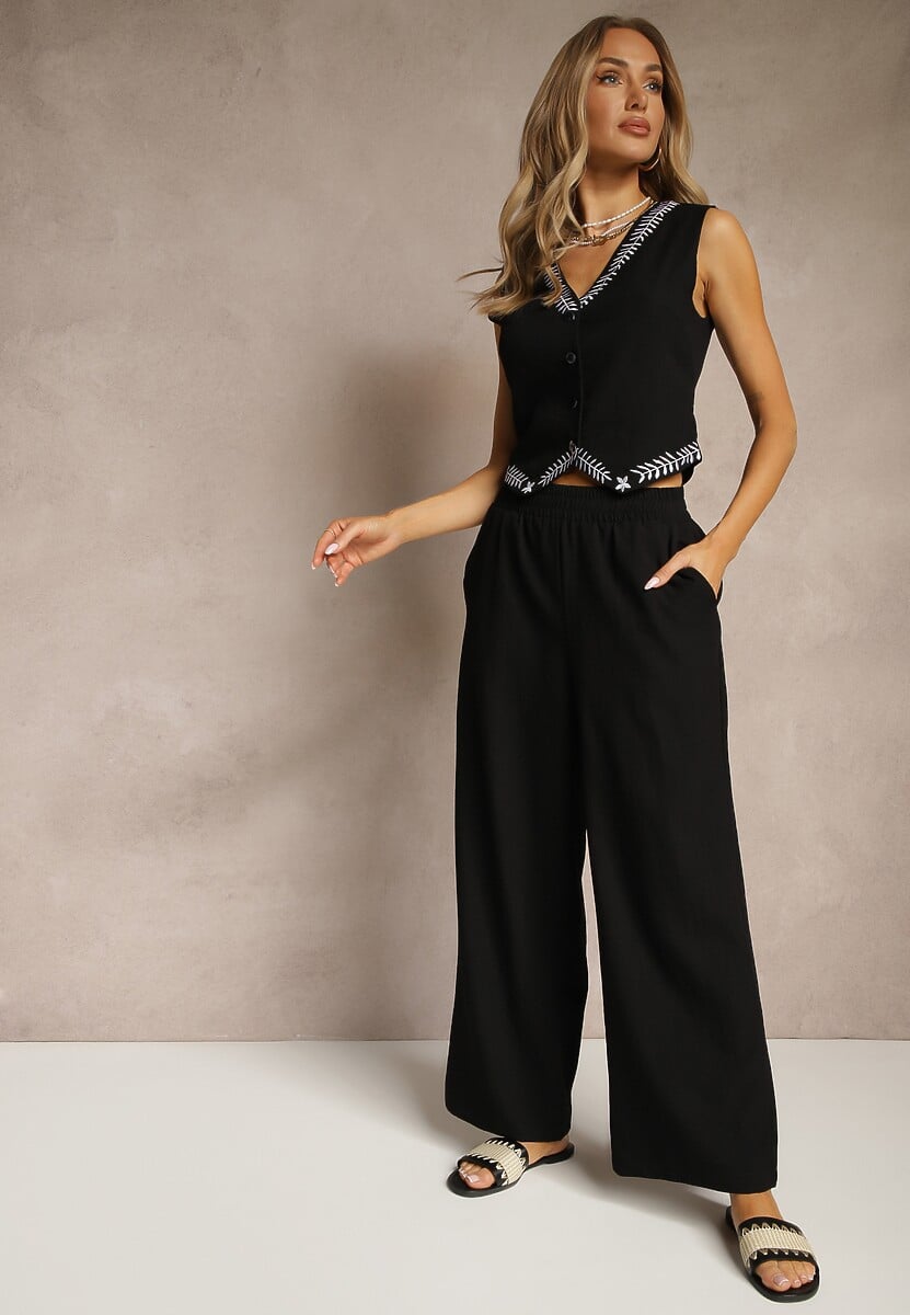 Czarny Garniturowy Komplet z Lnem Kamizelka Zdobiona Haftem i Szerokie Spodnie Mepolia