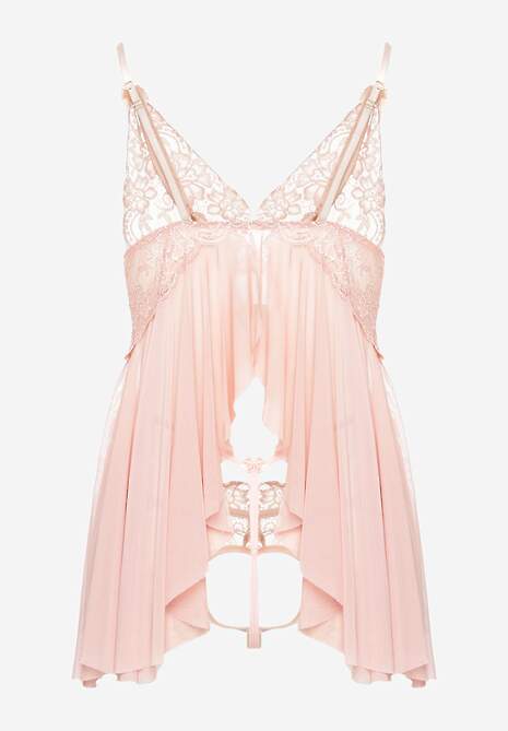 Różowa Koszula Nocna z Koronkowymi Wstawkami na Ramiączkach ze Stringami Rellissa
