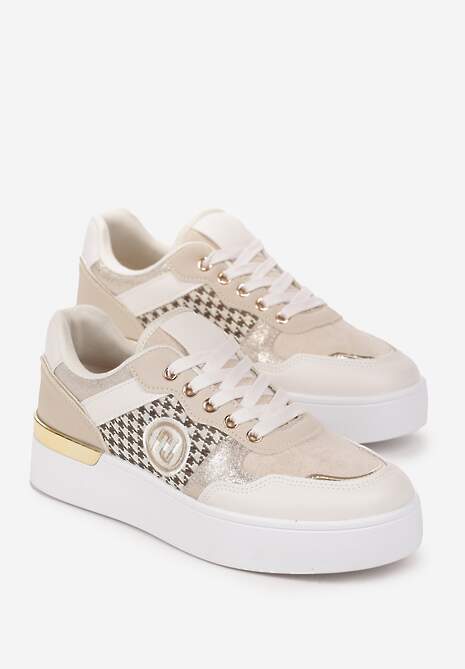 Beżowe Sznurowane Sneakersy na Grubej Podeszwie z Ozdobną Wstawką Minsa