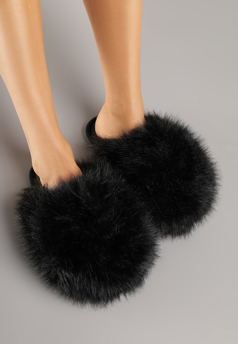 Czarne Miękkie Kapcie Ozdobione Długim Włosiem Cendria