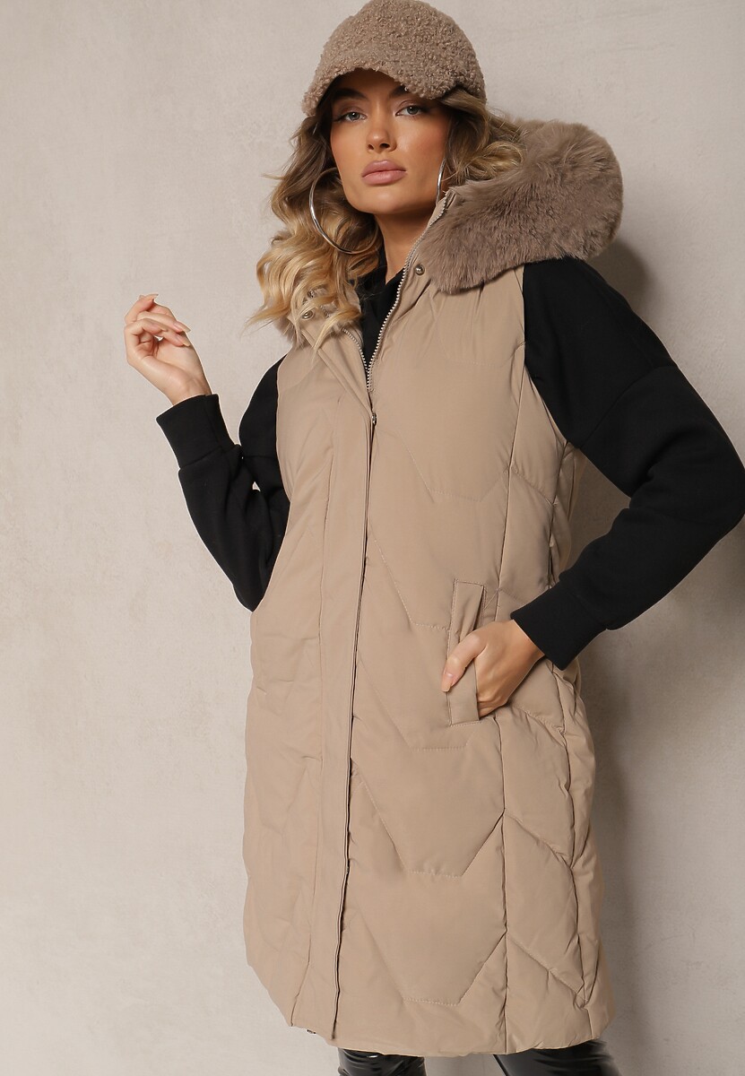 Beżowa Kamizelka Pikowana z Kapturem i Odczepianym Futerkiem Innaleia