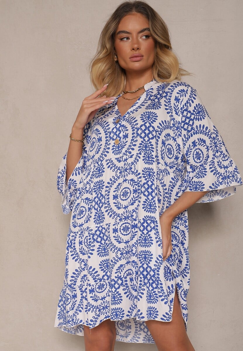 Niebieska Sukienka z Bawełny o Rozkloszowanym Kroju Ozdobiona Guzikami Janivra