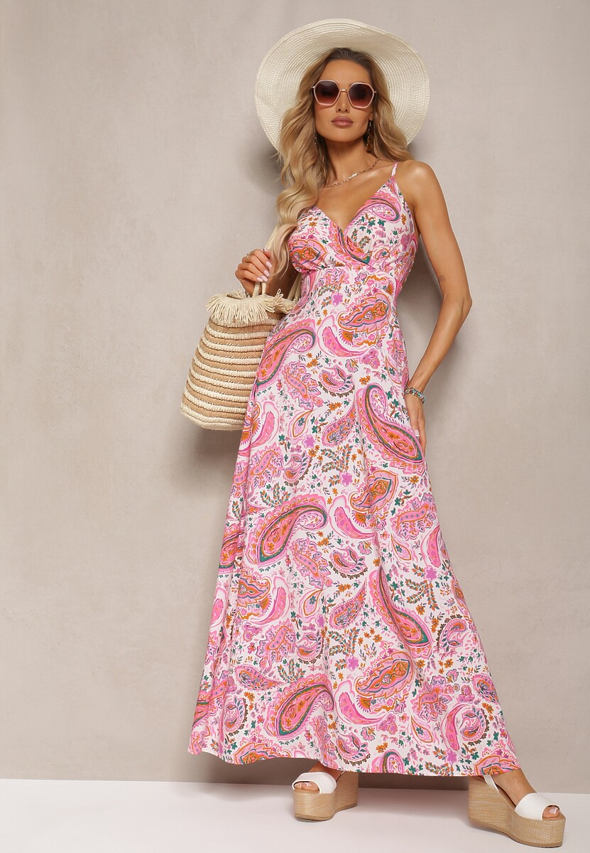 Różowa Rozkloszowana Sukienka na Lato Ozdobiona Printem Paisley z Kopertowym Dekoltem Dionita