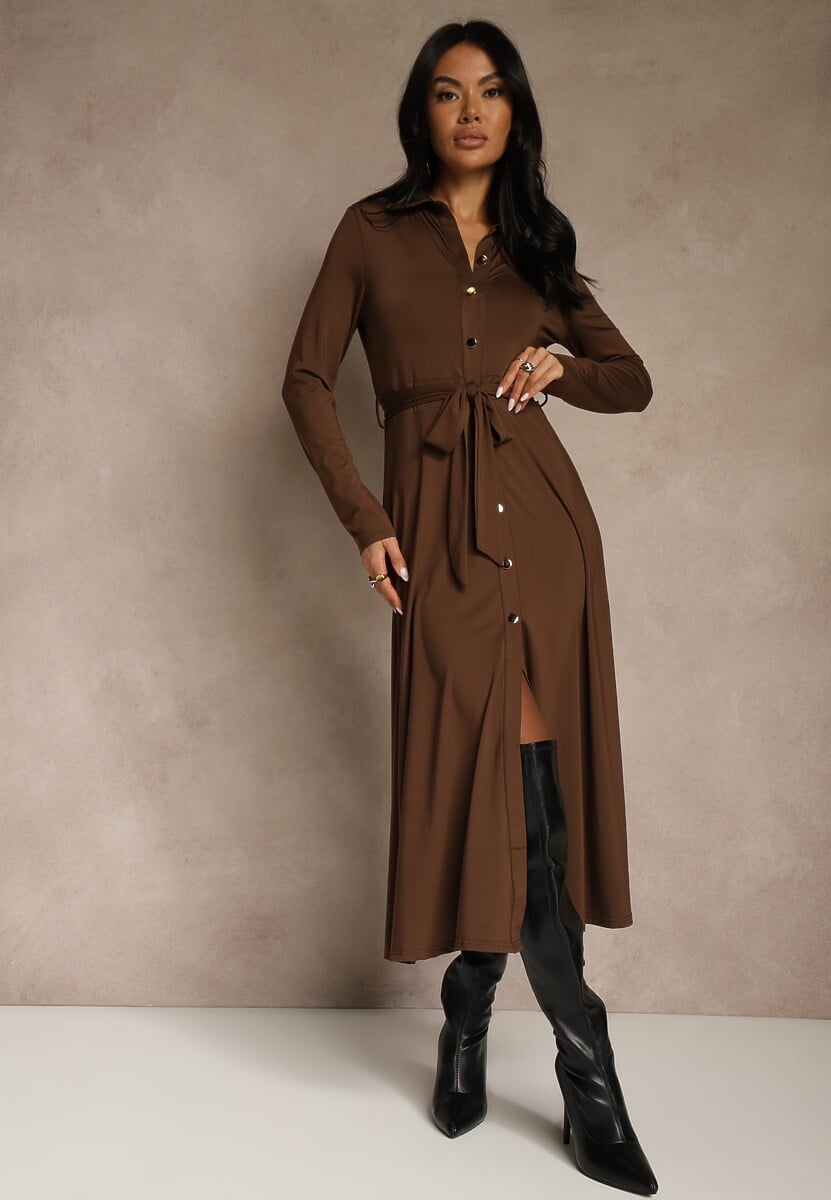 Brązowa Długa Sukienka Koszulowa z Wiązaniem w Talii Levae