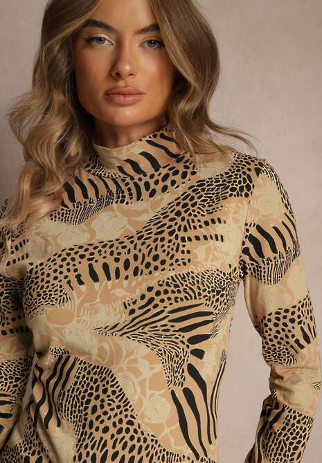 Beżowo-Czarna Bluzka Longsleeve z Bawełny z Półgolfem i Panterkowym Printem Unalla