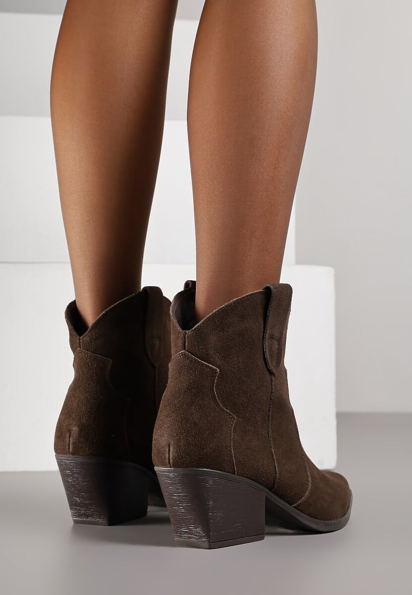 Brązowe Botki Kowbojki na Stożku ze Skóry Naturalnej Liravetta