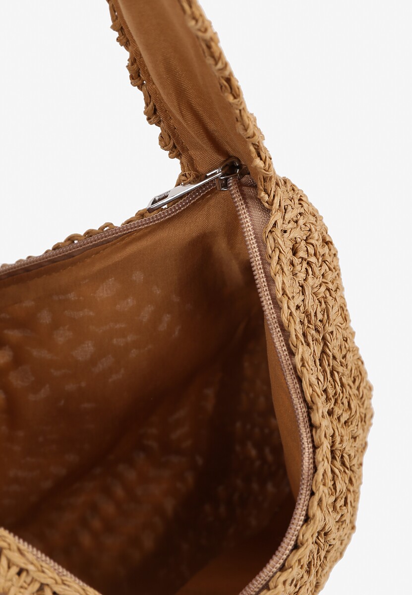 Ciemnobeżowa Pleciona Torebka na Ramię o Półokrągłym Kształcie Genvia