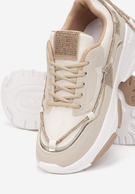Beżowe Sneakersy z Cyrkoniami na Grubej Podeszwie Leinov