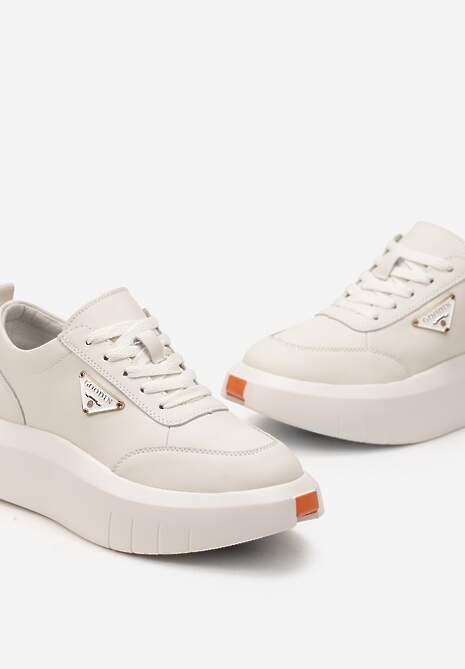 Beżowe Skórzane Sneakersy na Platformie z Niewielką Wstawką z Boku Renipa