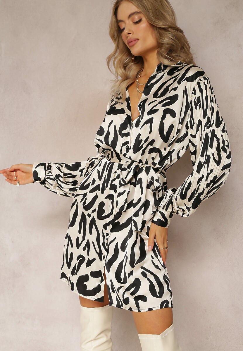 Beżowa Koszulowa Sukienka z Plisowanymi Wstawkami i Materiałowym Paskiem Lizza