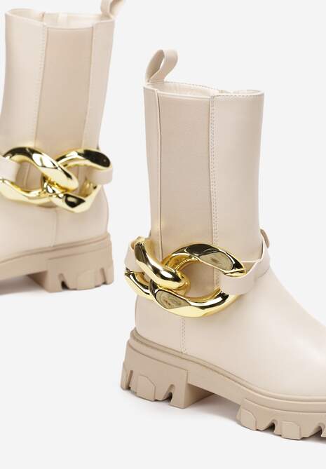 Beżowe Botki Sztyblety w Stylu Chunky z Łańcuchem Retrona