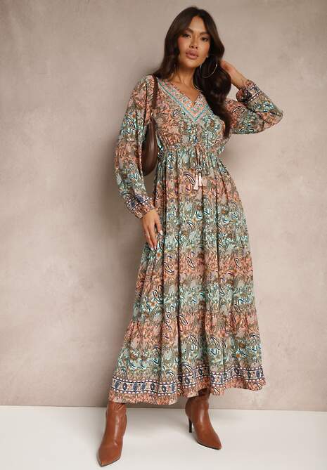 Zielona Sukienka z Dekoltem w V o Rozkloszowanym Fasonie w Print Paisley Akka