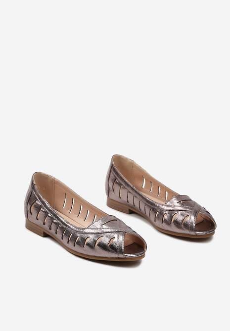 Srebrne Ażurowe Balerinki Peep Toe z Wkładką ze Skóry Naturalnej Darifna