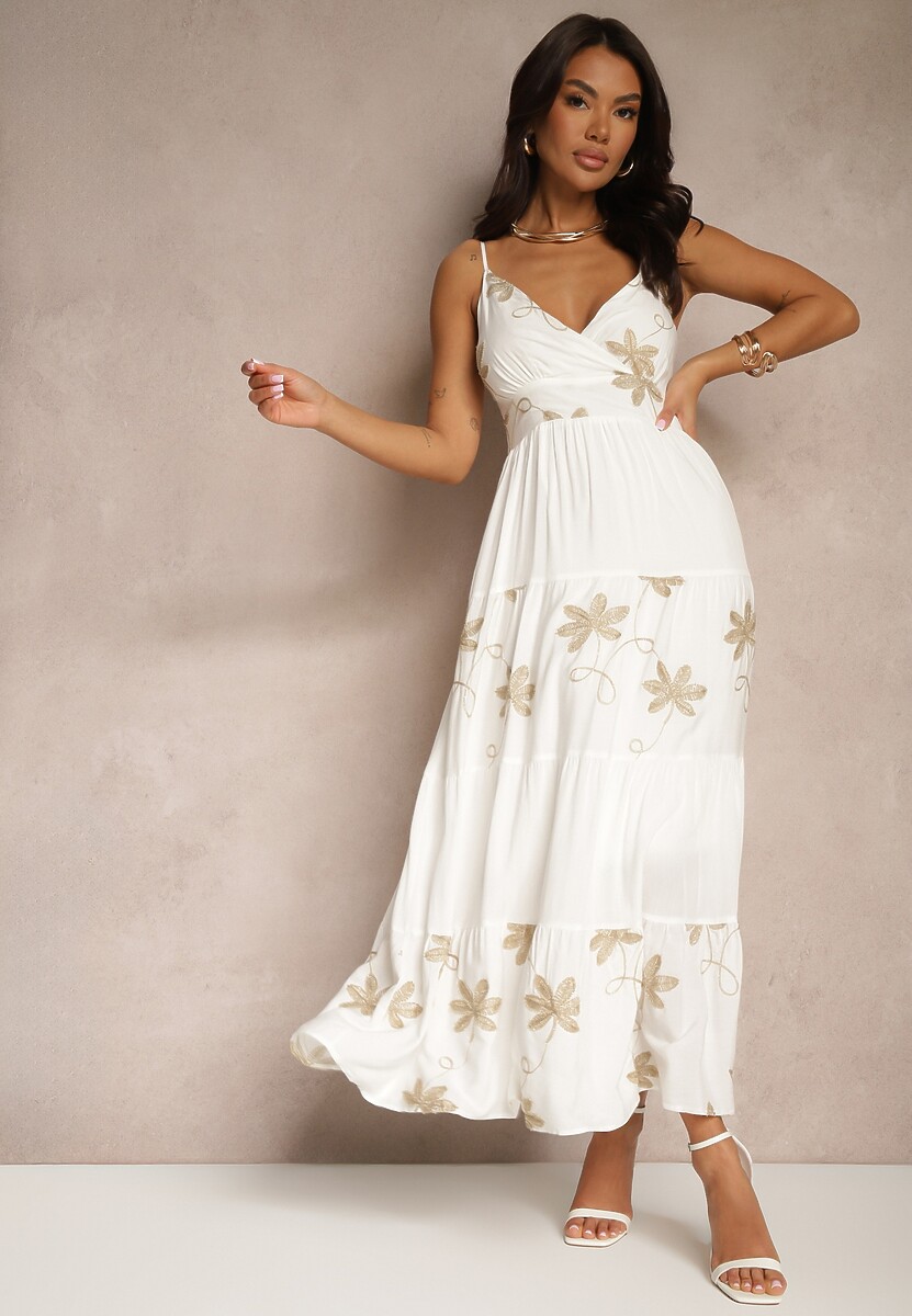 Biała Rozkloszowana Sukienka z Wiskozy z Haftowanym Motywem na Ramiączkach Telilia