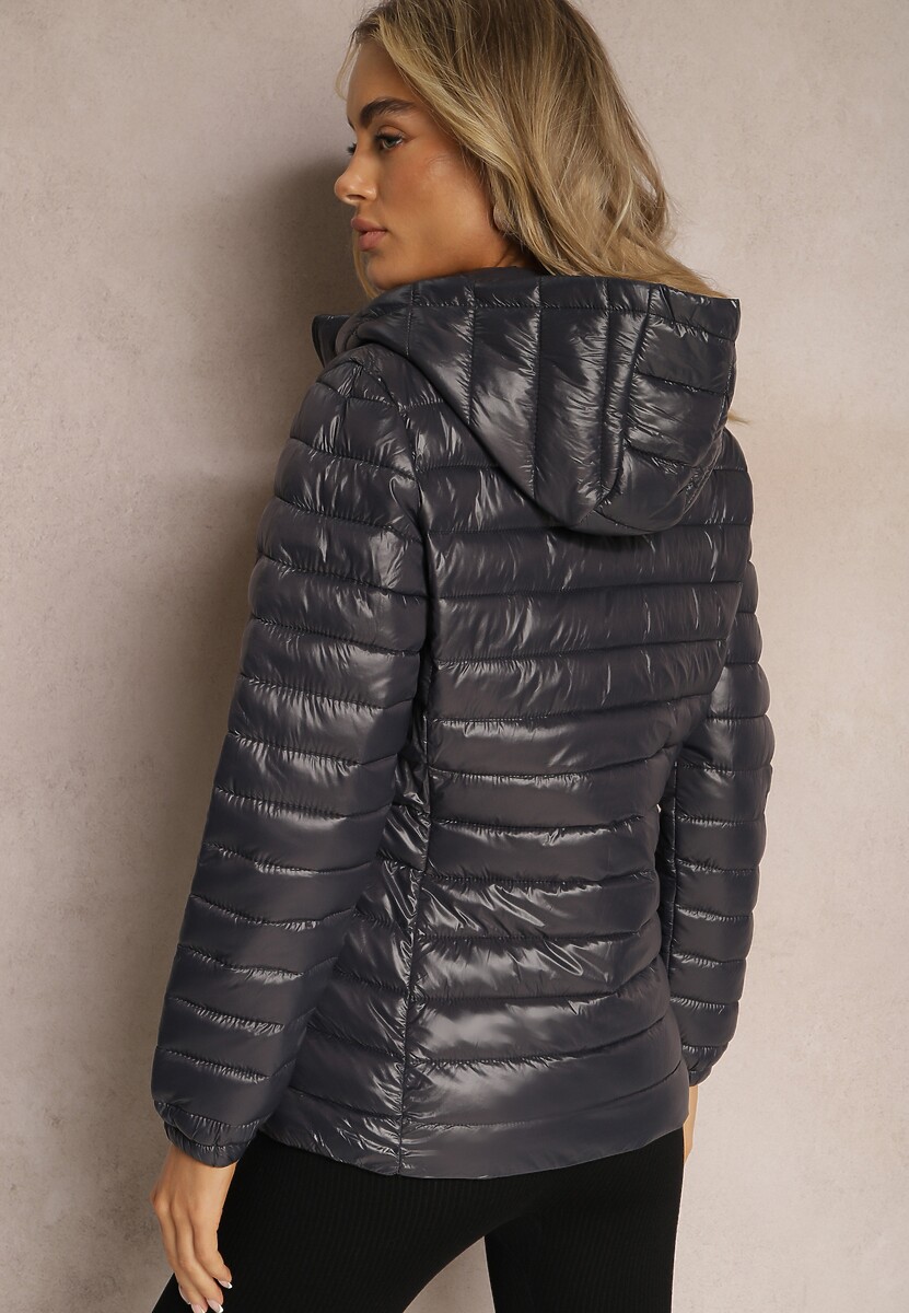 Ciemnoszara Pikowana Kurtka z Odpinanym Kapturem Telianna