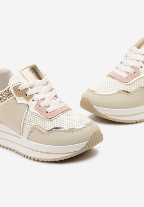 Beżowe Sneakersy na Niskiej Platformie ze Wstawkami z Brokatu Quinnes