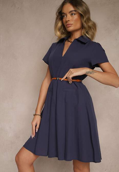 Granatowa Sukienka Koszulowa z Cienkim Paskiem w Talii Weolessa