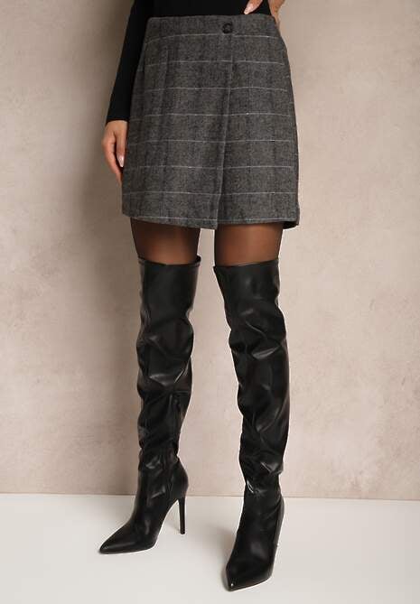 Szare Szorty Spódnica w Kratę z Zakładką Enallin