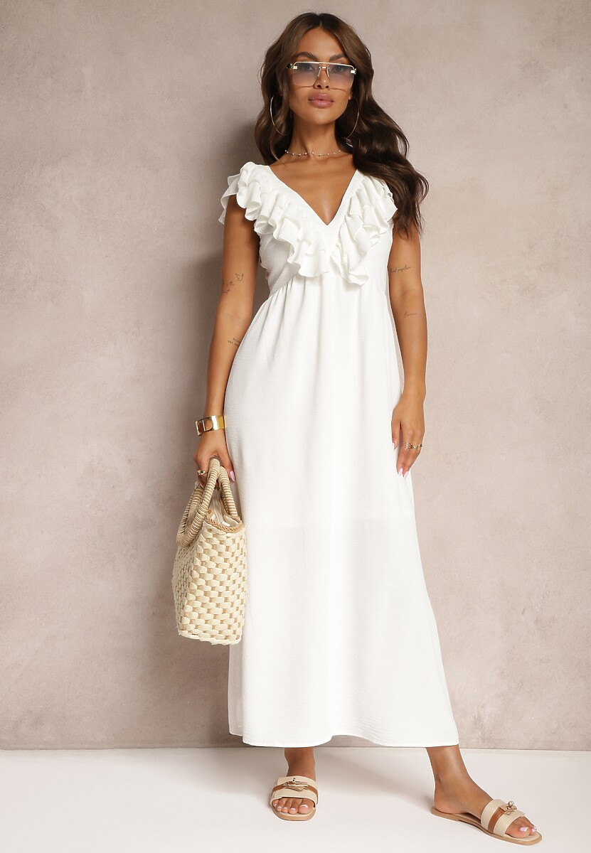 Biała Sukienka Koktajlowa na Ramiączkach Ozdobiona Falbaną i Rozcięciami po Bokach Zorabea