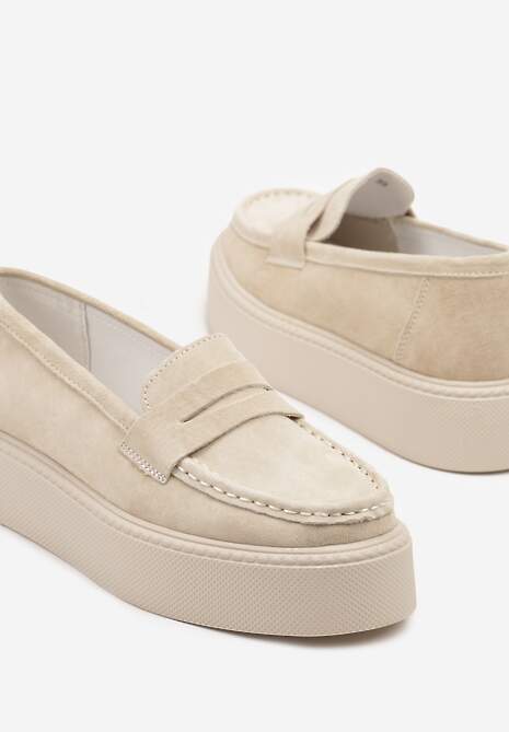 Beżowe Mokasyny Skórzane na Platformie w Stylu Półbutów Sadawene