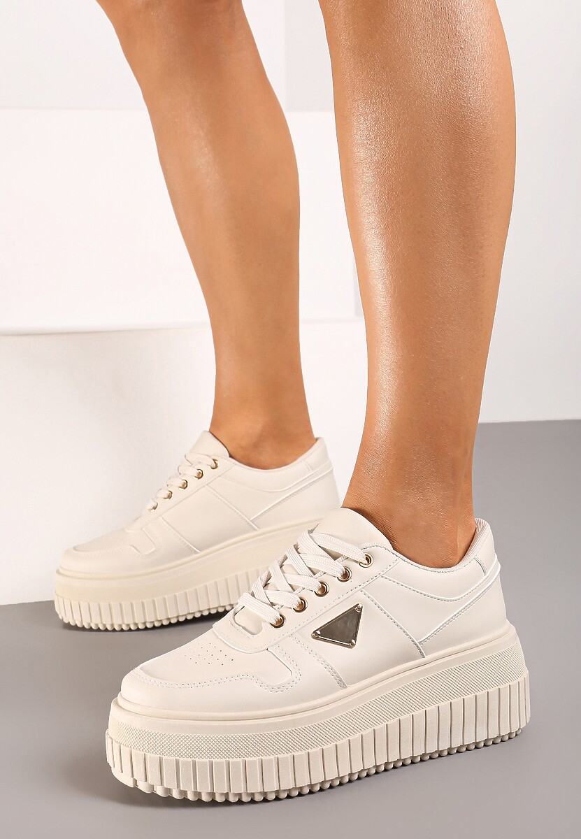 Beżowe Sneakersy na Wysokiej Platformie Ozdobione Aplikacją z Boku Letcese