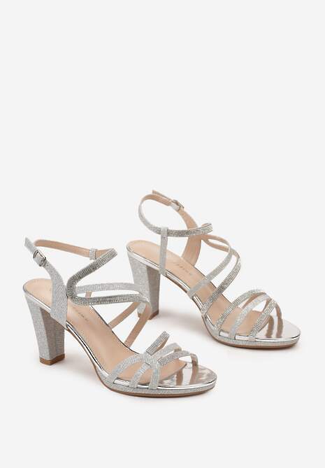 Srebrne Sandały na Słupku z Cienkimi Paskami Ozdobione Cyrkoniami Felioma