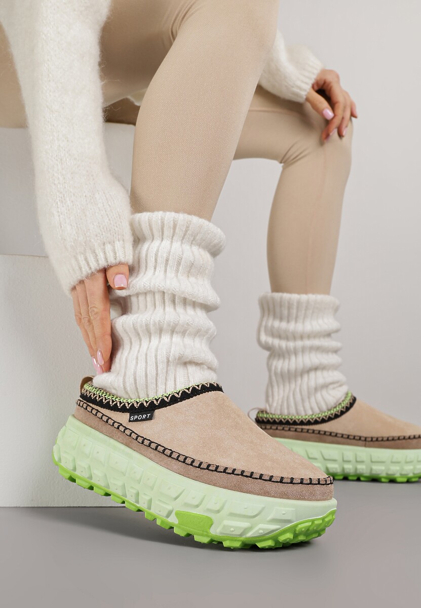 Beżowe Śniegowce na Platformie z Tłoczeniem i Niską Cholewką Violova