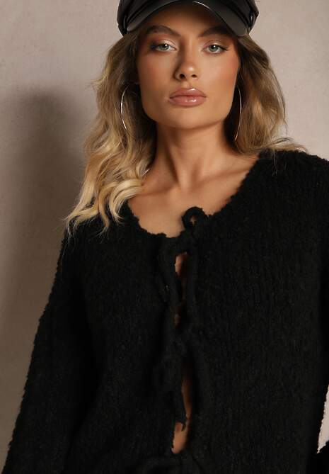 Czarny Kardigan z Wełną Bawełną i Wiskozą Ozdobiony Wiązaniem Lilassea