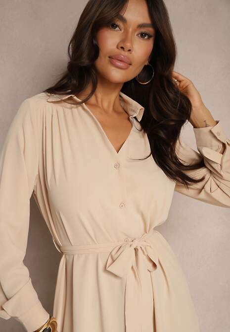 Beżowa Casualowa Sukienka Koszulowa na Guziki z Kieszeniami Jezebel