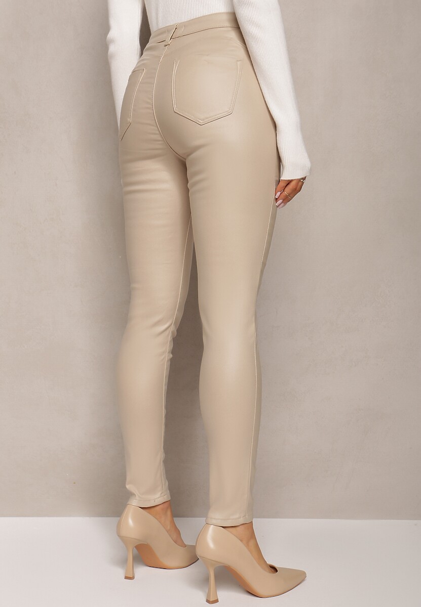 Beżowe Dopasowane Spodnie Push Up z Imitacji Skóry Lindrela