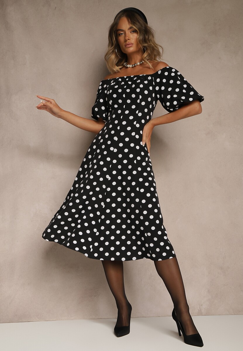 Czarna Sukienka Hiszpanka Vices w Kropki o Rozkloszowanym Kroju Zilua