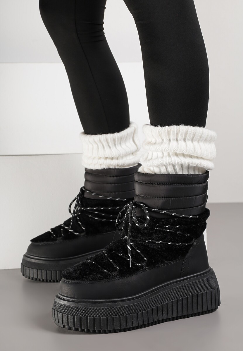 Czarne Śniegowce na Platformie z Tłoczeniem Ozdobione Futerkiem i Pikowaniem Adallie