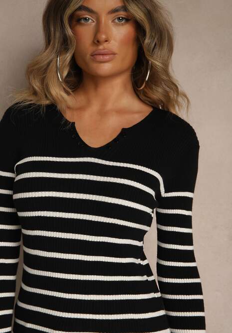 Czarna Bluzka z Bawełną z Motywem Pasków i Guzikami Serisse