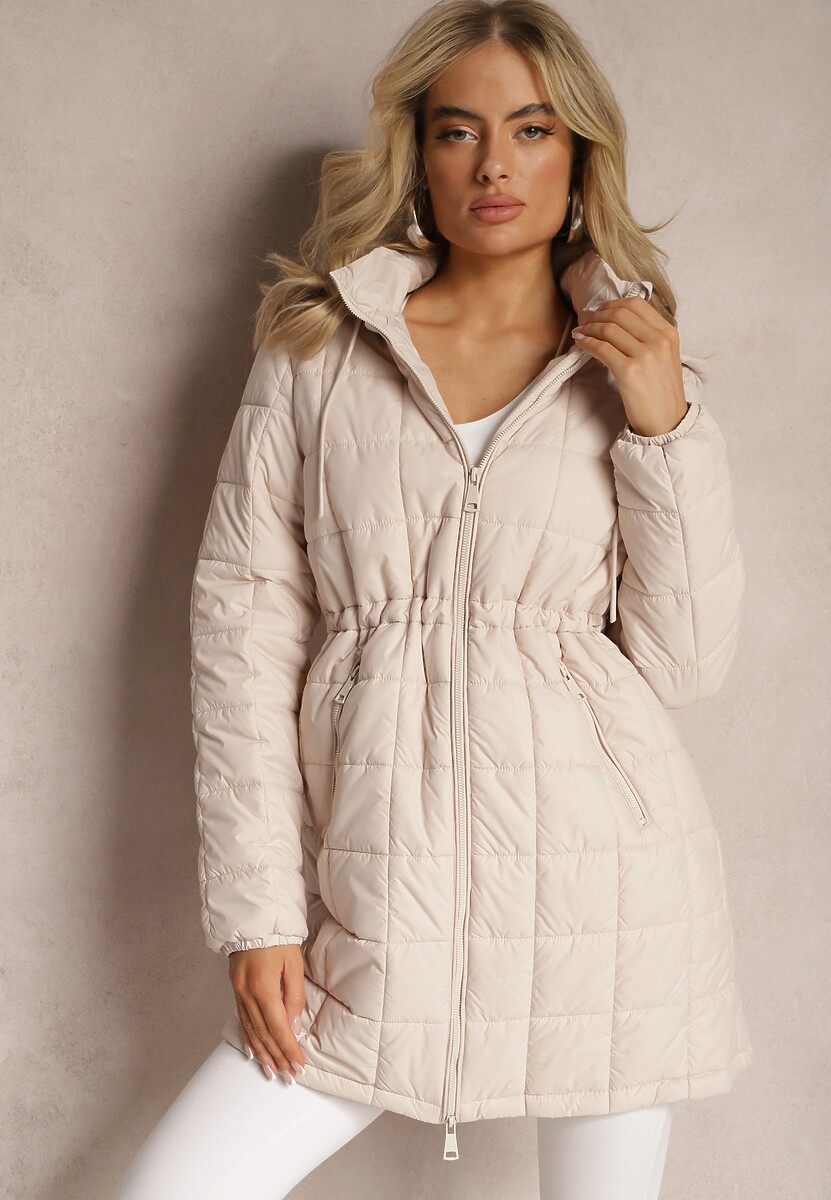Jasnobeżowa Kurtka Pikowana z Kapturem Oiraga