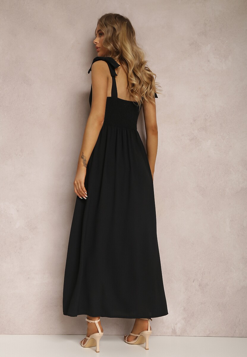 Czarna Sukienka Rozkloszowana z Wiązanymi Ramiączkami i Wycięciem Argomeda