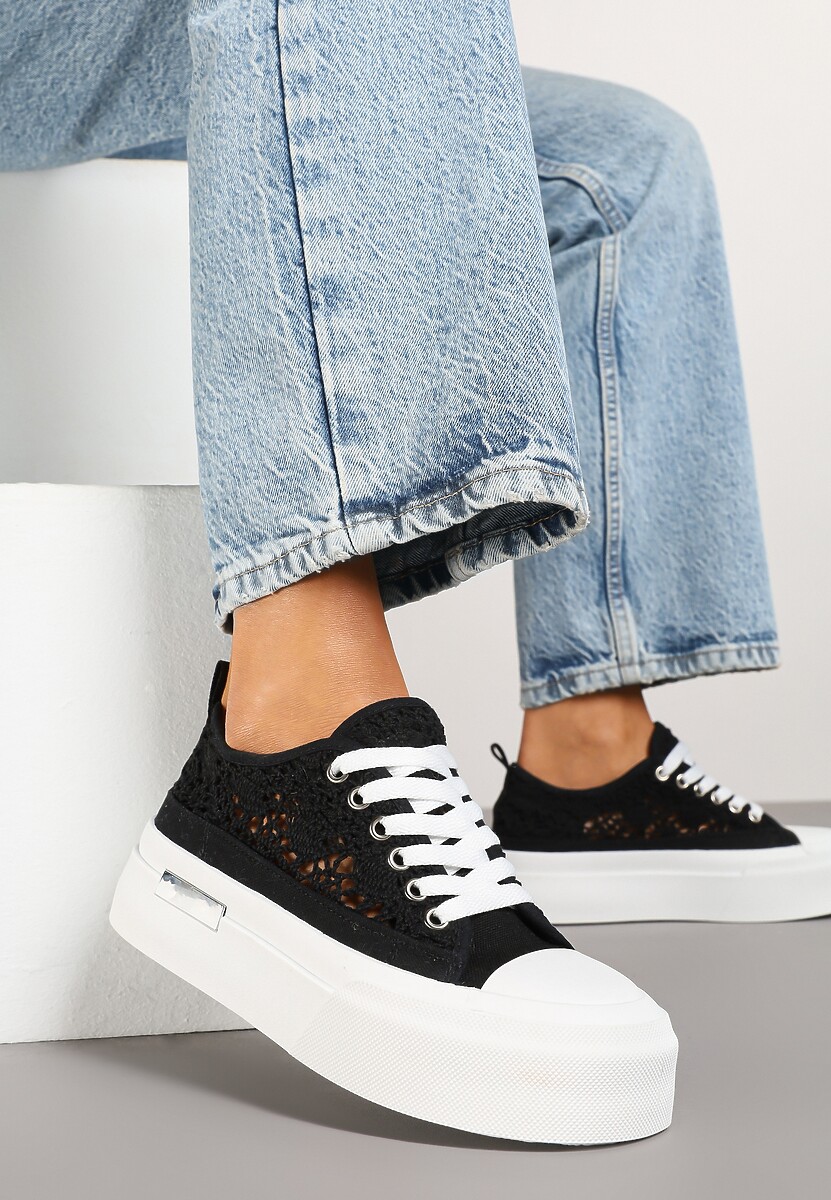 Czarne Trampki na Platformie z Ażurową Cholewką Adivlen