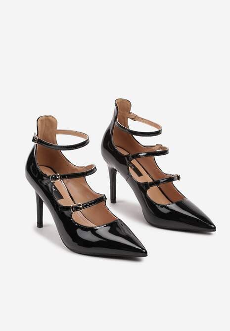 Czarne Szpilki Lakierowane Ozdobione Paskami ze Sprzączkami Armiela