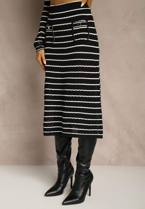 Czarny Komplet z Dzianiny z Wiskozą w Prążki Kardigan i Spódnica Sepelisse