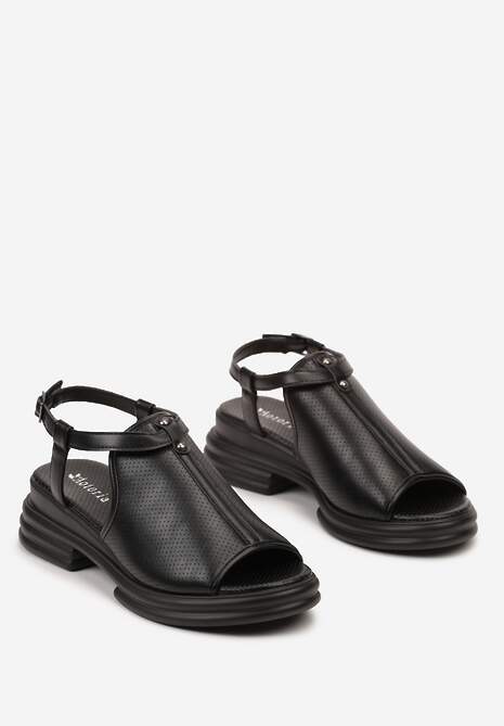 Czarne Sandały Ażurowe na Niskim Obcasie Zapinane wokół Kostki Boretta