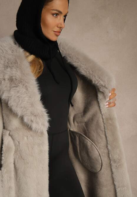 Szary Futrzany Płaszcz z Wiązanym Paskiem Ozdobnym Kołnierzem i Mankietami Viaressa