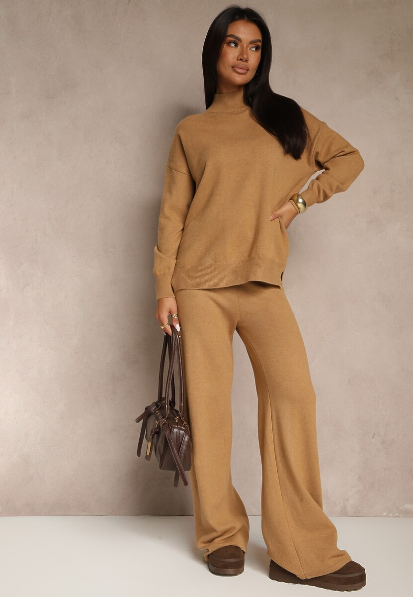 Beżowy Dzianinowy Komplet z Wełną Spodnie Wide Leg i Sweter z Golfem Lanica