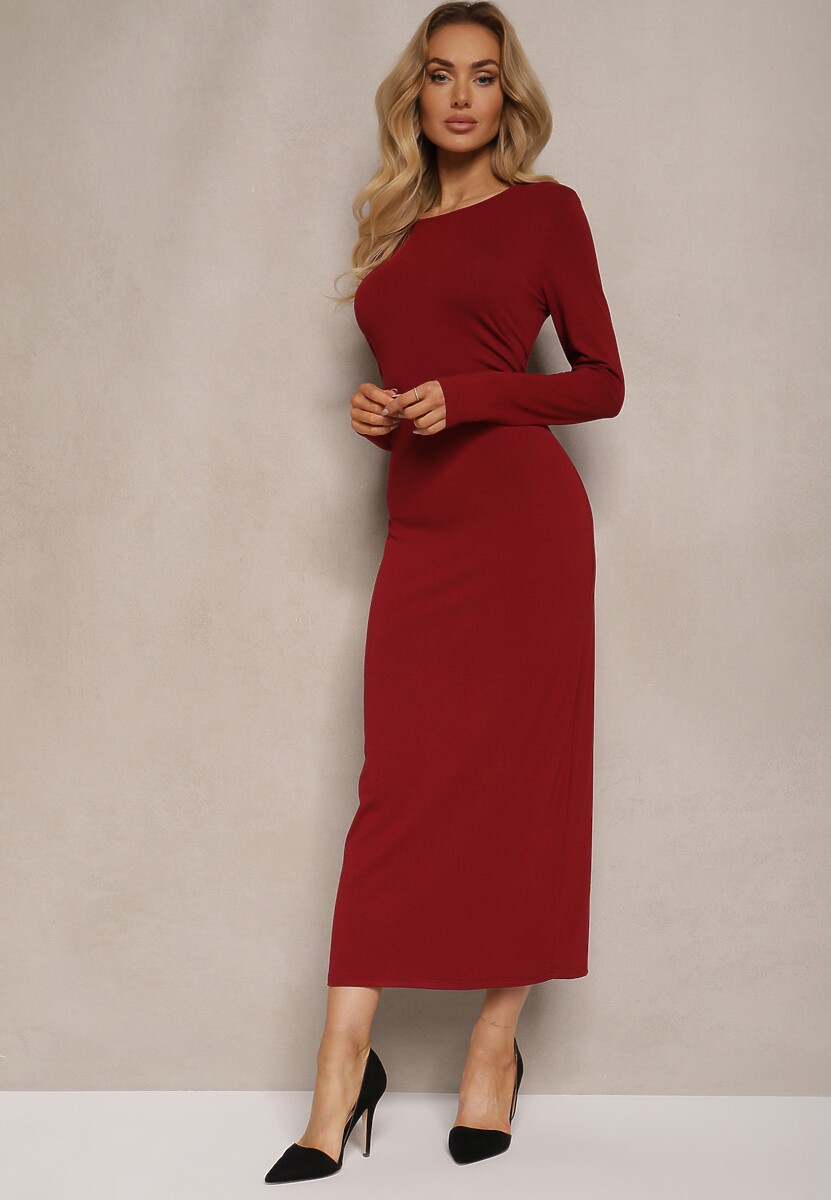 Bordowa Sukienka z Wiskozą o Dopasowanym Kroju na Guziki Linnevia