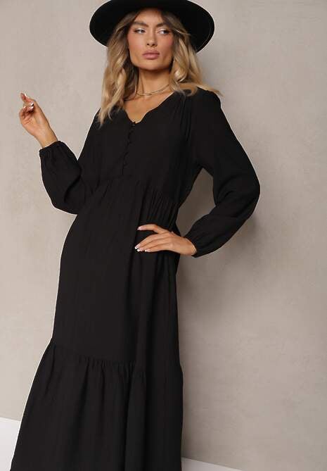 Czarna Rozkloszowana Sukienka Pudełkowa Maxi z Ozdobnymi Guzikami Nervatti