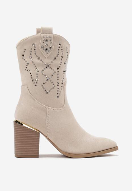 Beżowe Botki na Słupku w Stylu Kowbojek Irilianne