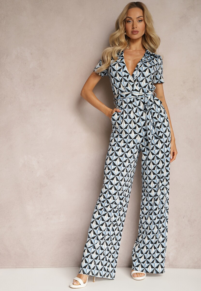 Czarno-Beżowy Długi Kombinezon Wiązany w Pasie z Kopertowym Dekoltem w Mozaikowy Wzór Maellias